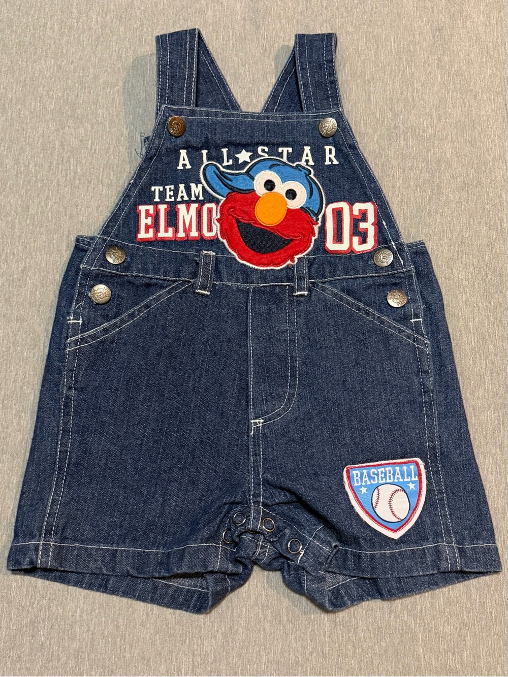 Vintage Sesame Street Elmo Baseball Denim Shortalls 12M Y2K